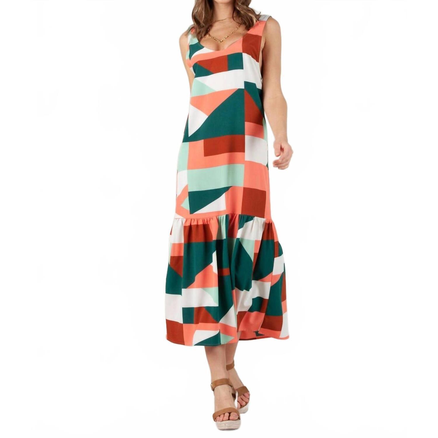 New Lucca Ember Low Back Ruffle Hem Maxi Dress In Green Coral Geo